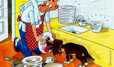 мужчина дает облизать тарелку собаке карикатура